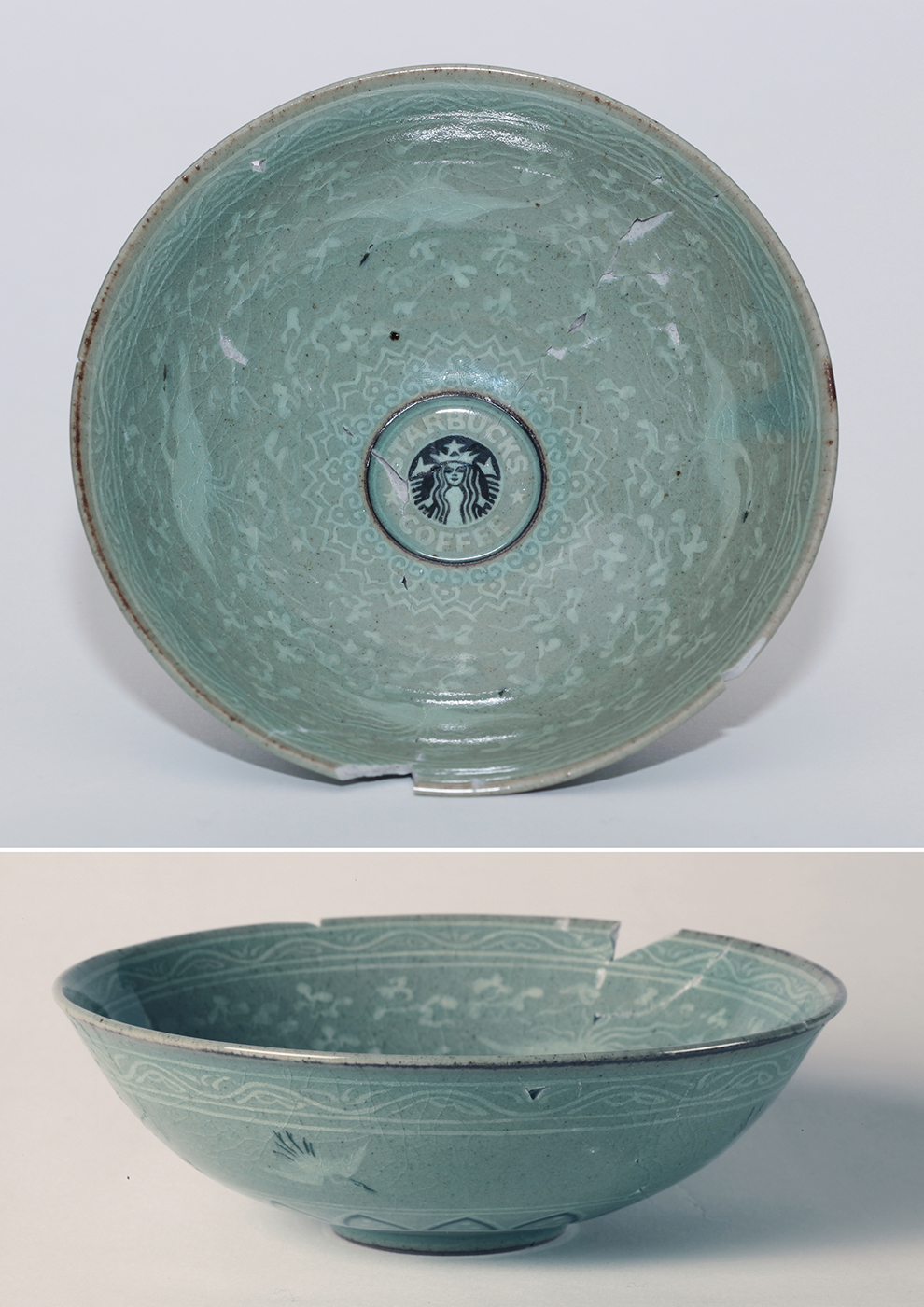 Eui Jeong Yoo, Bowl inlaid with a design of cloud and crane and Starbucks, Celadon, 16x16x5.5(h)cm, 2011